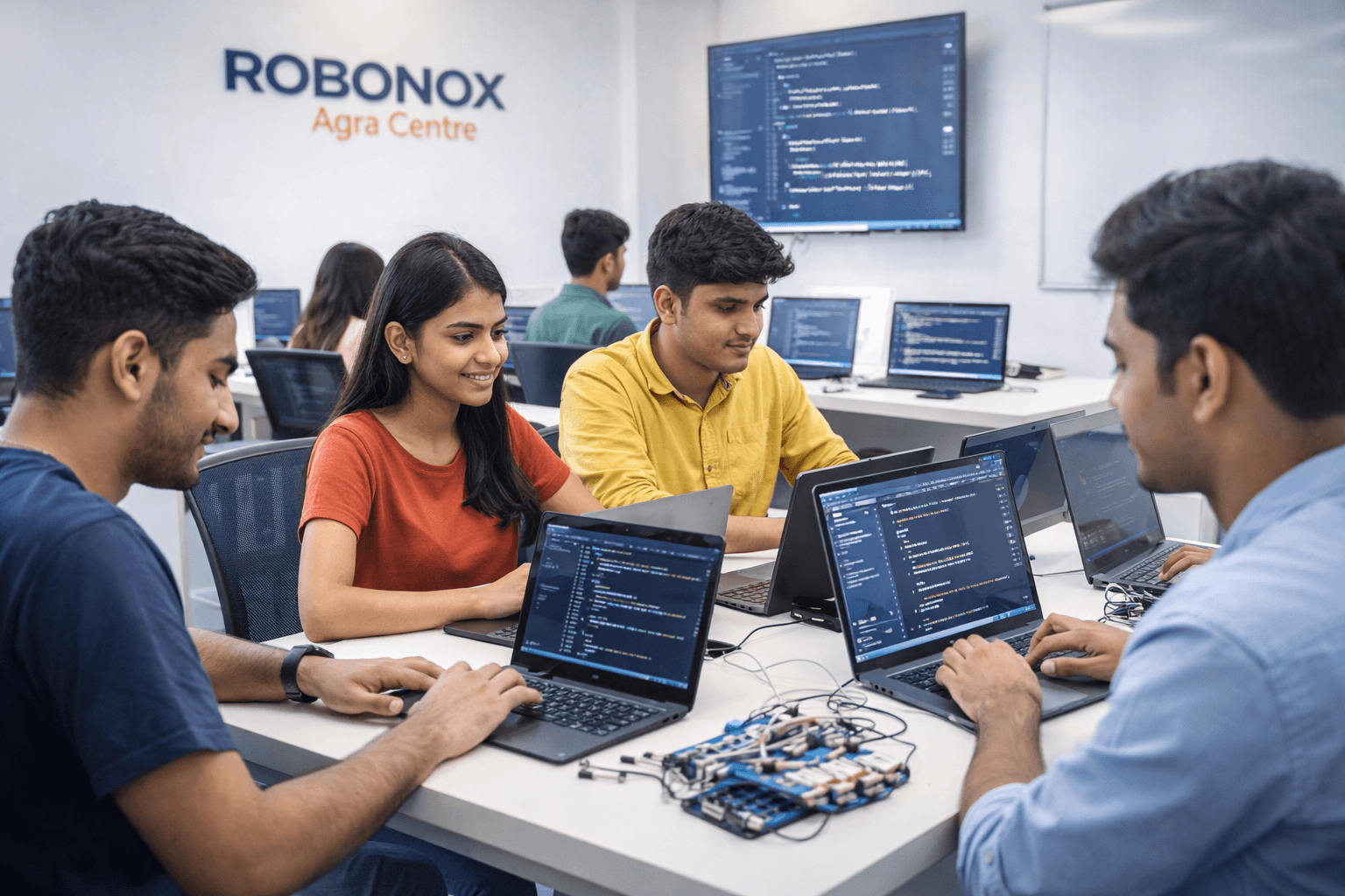 Students attending offline AI, robotics, and coding classes at Robonox Agra training centre